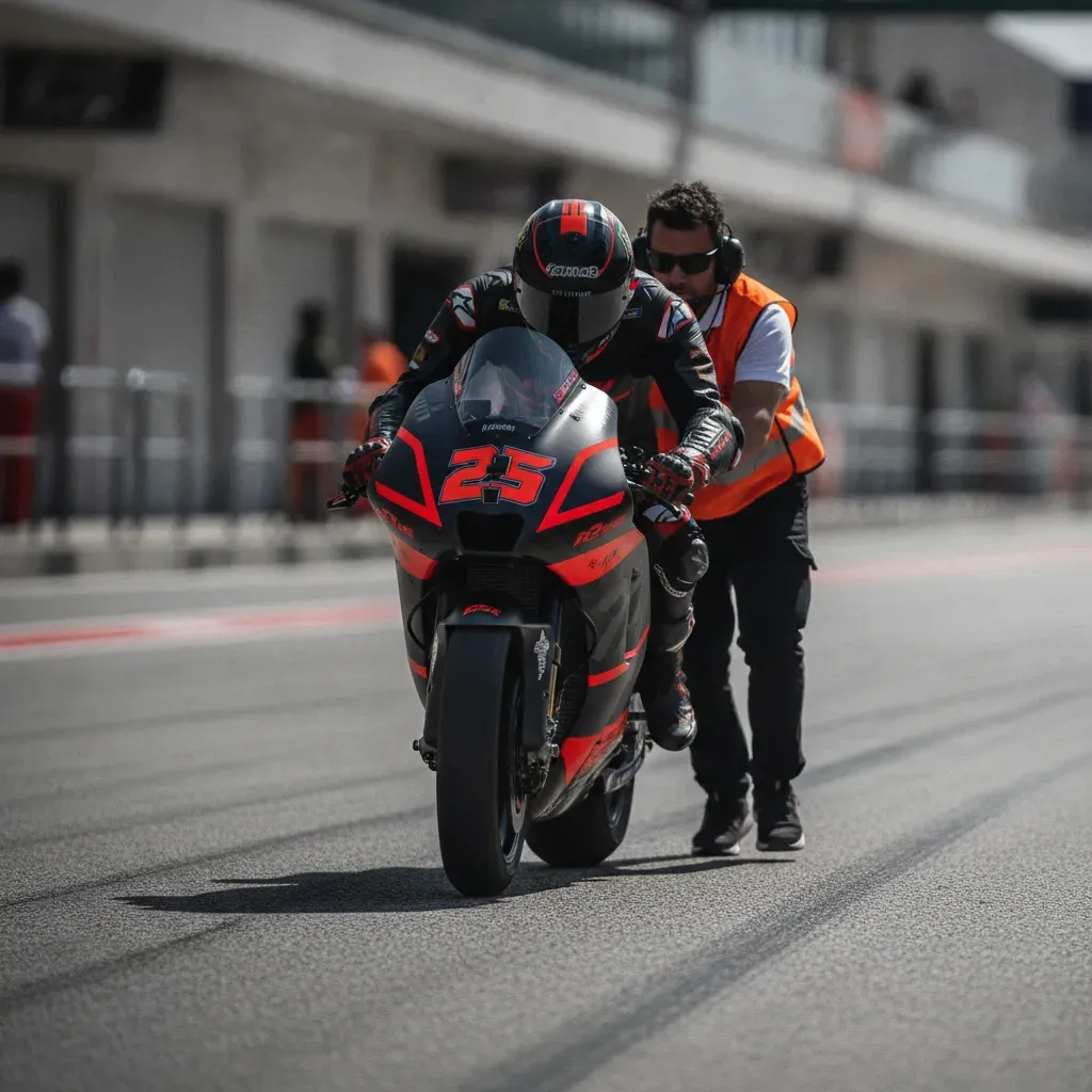 A racing motorcycle is wheeled away by a marshal following a retirement during the Aragon Grand Prix.