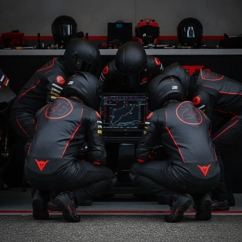 A team of MotoGP mechanics and engineers watch a timing screen with concerned expressions from inside their pit garage.