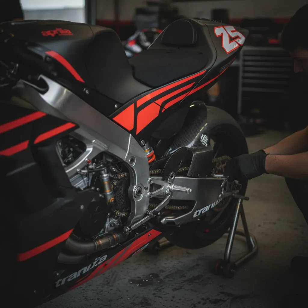 A mechanic makes a precise adjustment to the rear of a Trackhouse MotoGP race bike in the pit garage.