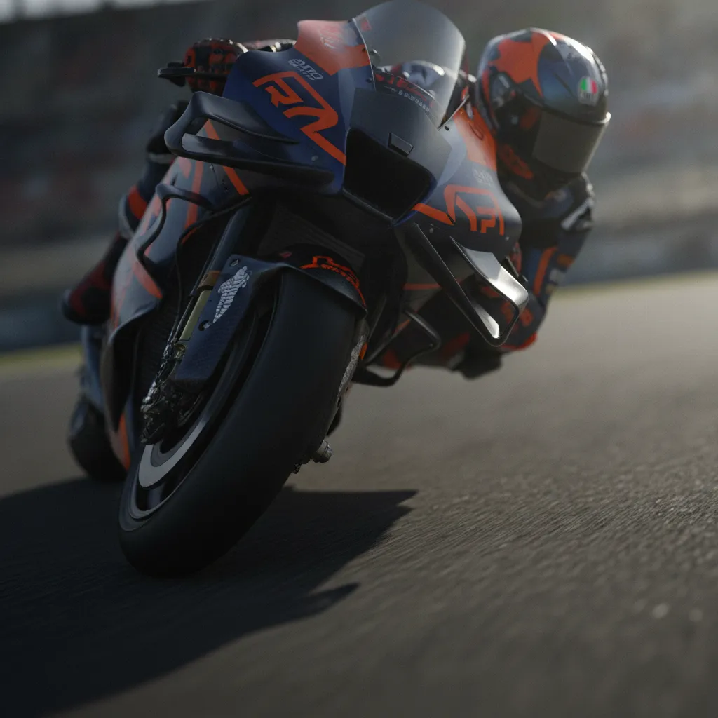 A detailed view of the complex aerodynamic winglets on the front of a current-era MotoGP machine.