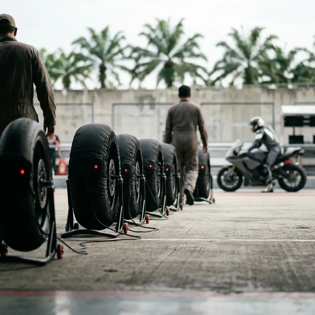 Illustration for our Indonesian GP qualifying story: racing tyres resting in warmers along the garage wall