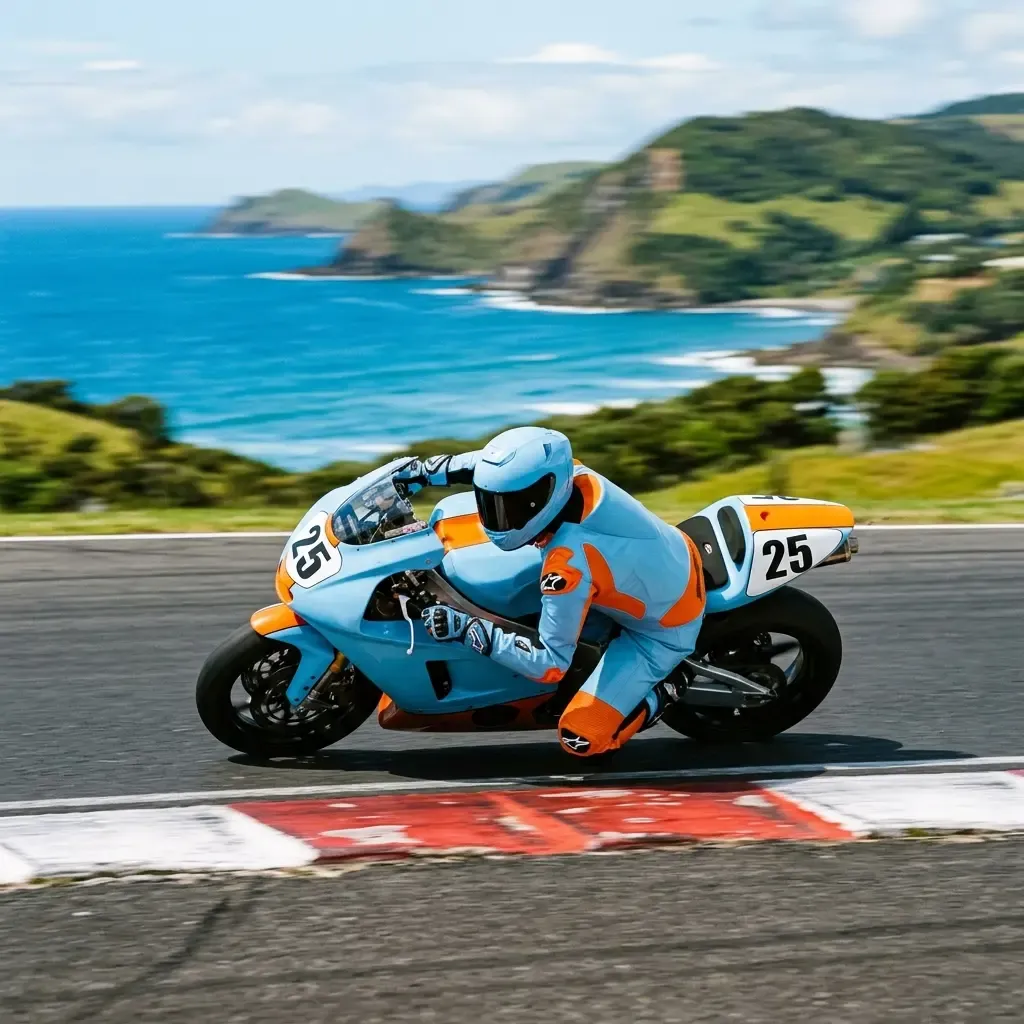 Illustration for our Indonesian GP qualifying story: a motorcycle rider leaning low through a coastal circuit corner