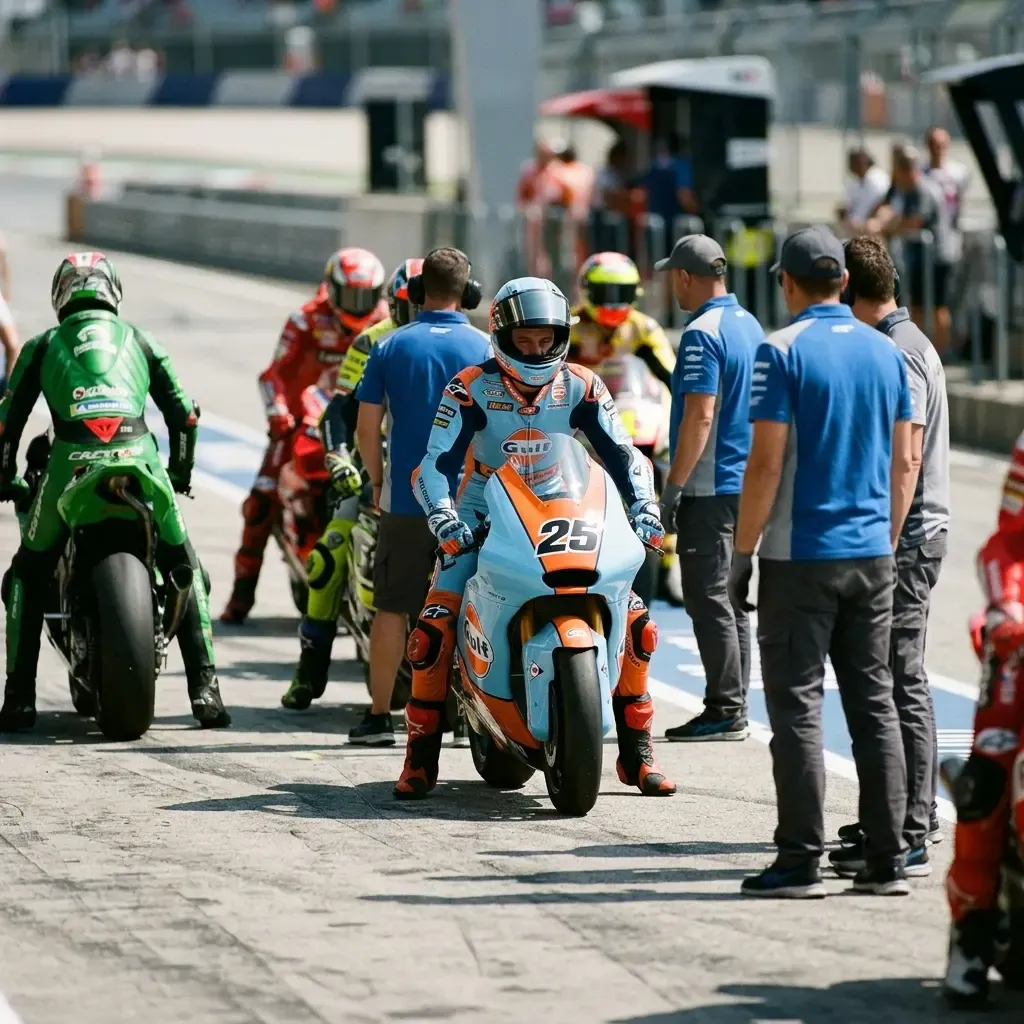 Illustration for our Indonesian GP Practice story: racing motorbikes queued in the pit lane awaiting the green track light.