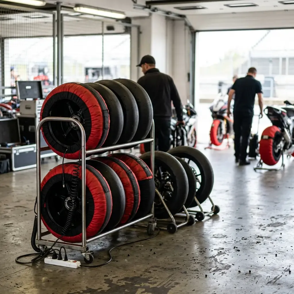 Illustration for our Indonesian GP Practice story: slick racing tyres wrapped in tyre warmers inside a team garage.