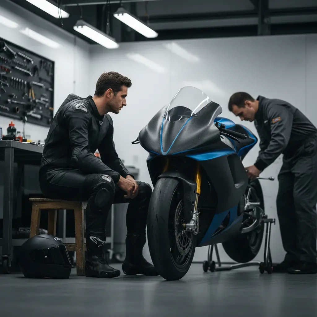 A quiet, contemplative moment in a brightly lit pit garage. A rider in plain, unbranded leathers sits on a stool, helmet