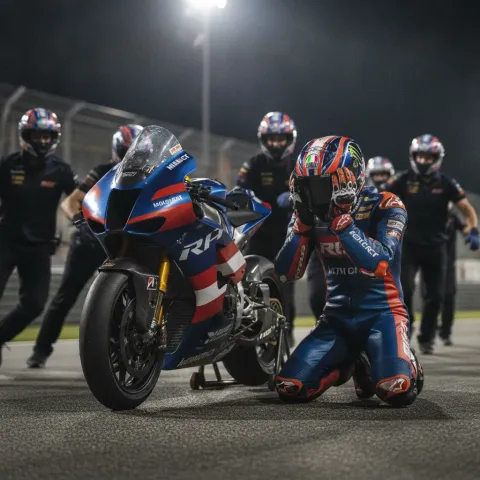 A MotoGP rider celebrates victory with his Trackhouse Racing team at the British Grand Prix.