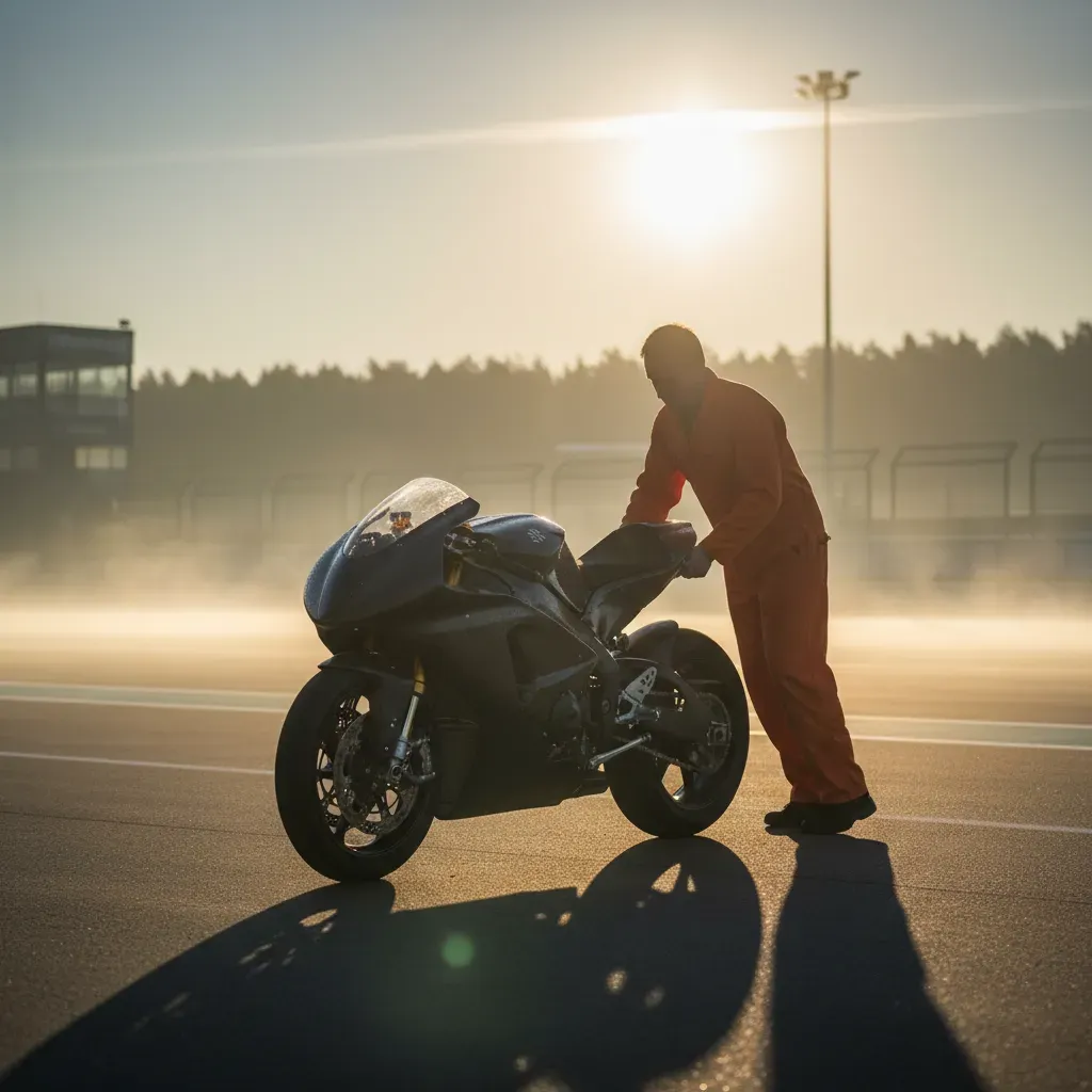 Dawn breaks over a racing circuit paddock. A lone mechanic in plain orange overalls pushes a sleek, unbranded prototype 