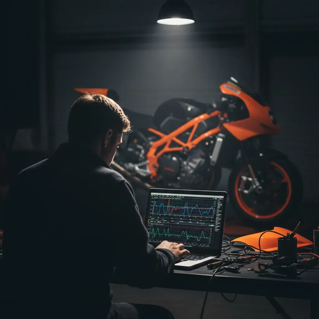 Late at night in a quiet, darkened garage, a single spotlight illuminates an engineer from behind as they sit staring in
