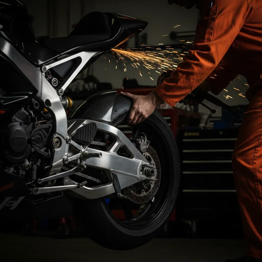 A detailed close-up shot of a mechanic in unbranded orange overalls carefully fitting a rear wheel onto a prototype raci