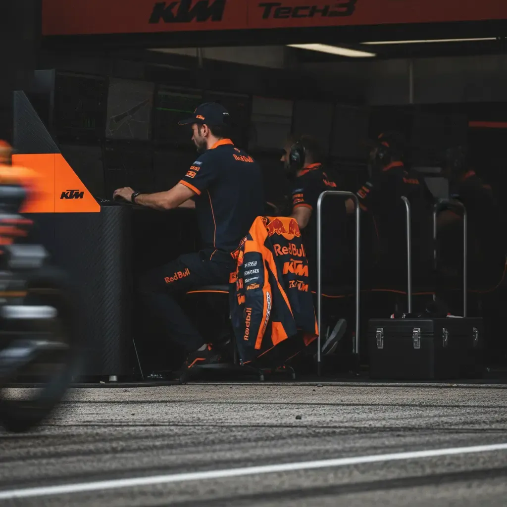 The Red Bull KTM Tech3 team's pit wall, with crew members studying data screens during a MotoGP session.