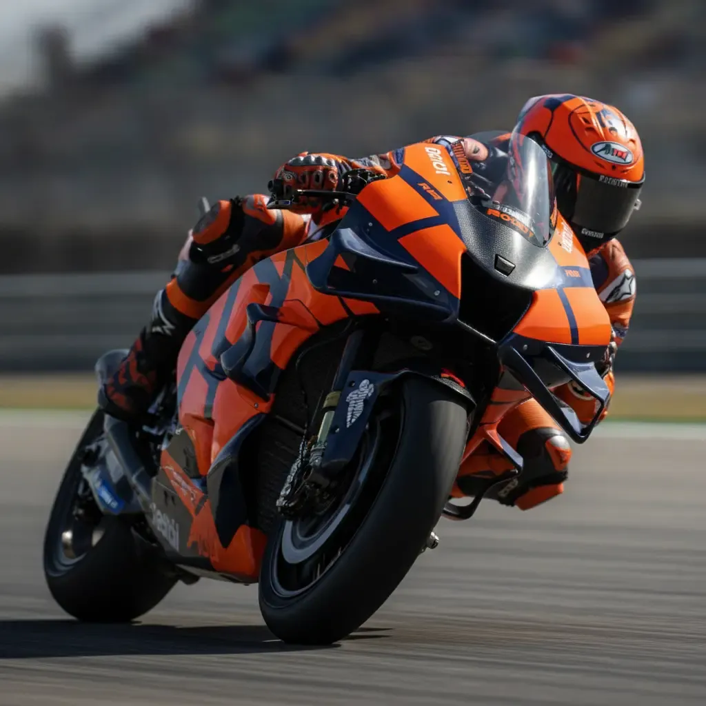 A close-up view of the intricate aerodynamic wings on the front of a modern MotoGP prototype race bike.