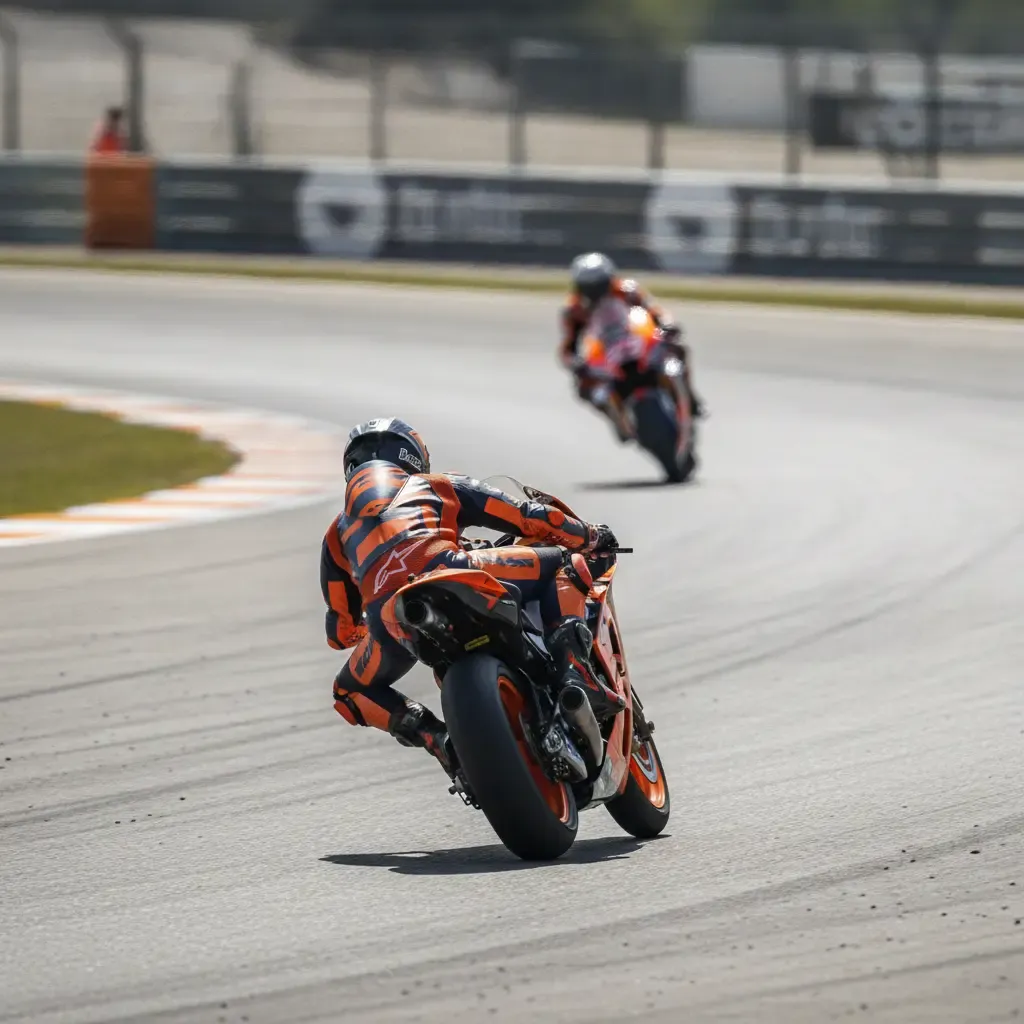 A Moto2 motorcycle leans through a corner, with the shape of a faster MotoGP bike visible further down the track.