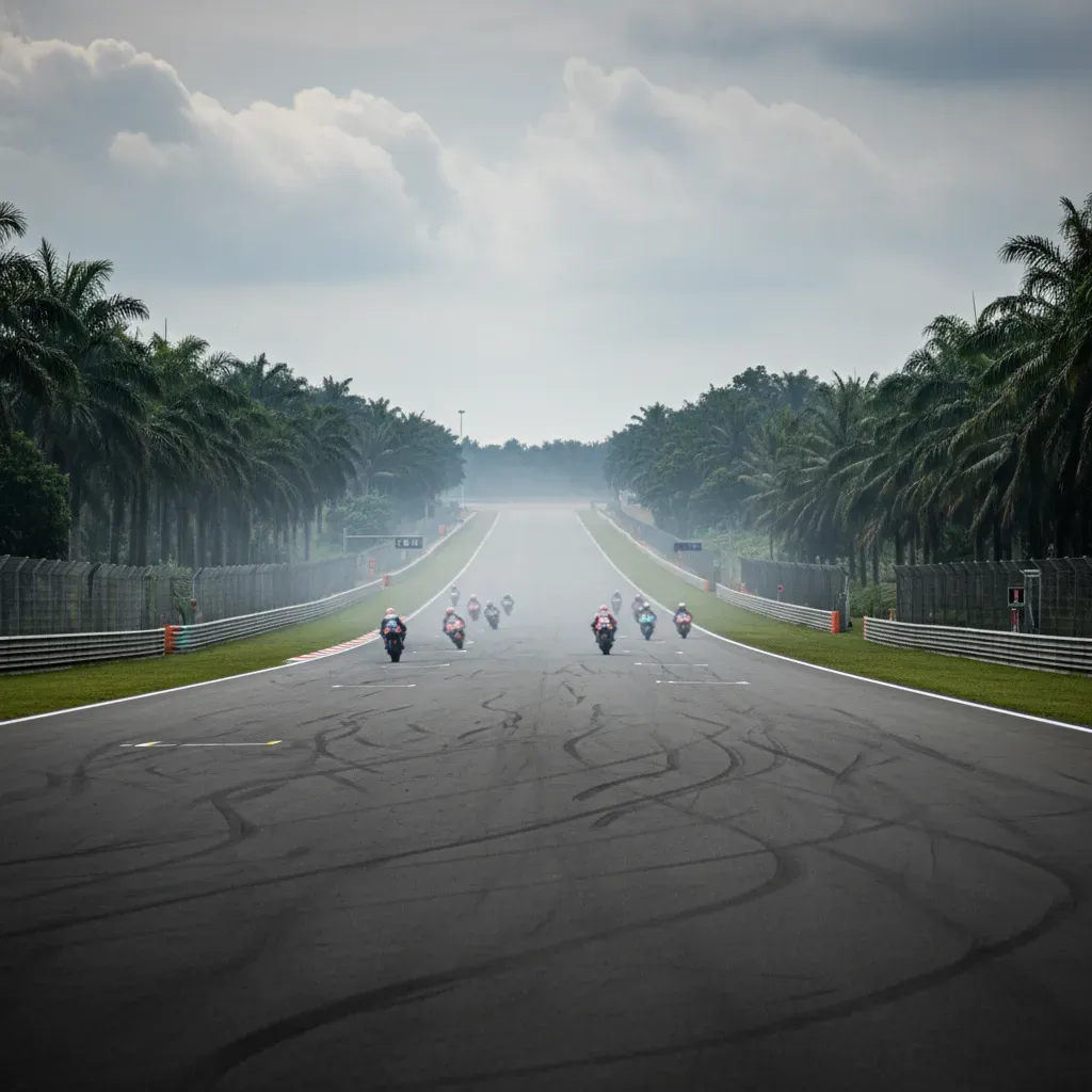 A wide, atmospheric shot down Sepang's massive main straight. Several MotoGP bikes blur into the distance, distorted by 