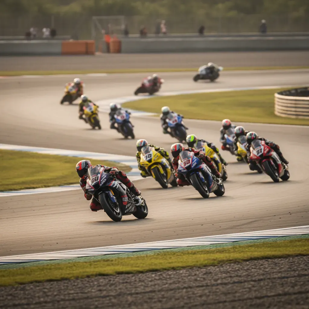 An action shot capturing the chaos of Sepang's Turn 1. A pack of generic racing bikes brake heavily, tightly bunched tog