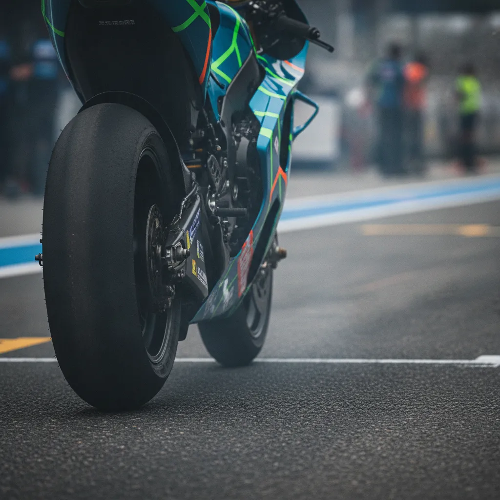 A close-up of a MotoGP rear tyre on the hot Sepang tarmac, with heat haze rising from the track surface.