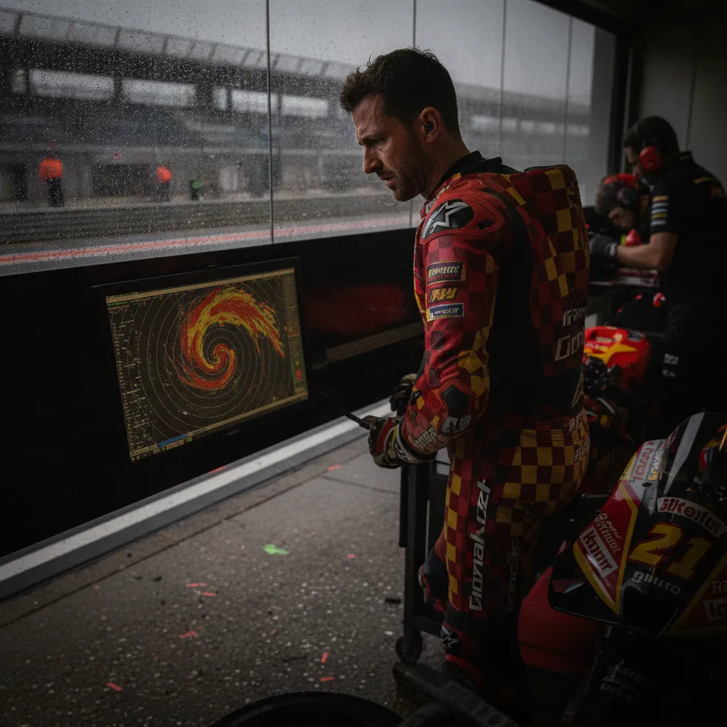 A team mechanic in a pit garage looks at a weather radar screen showing an approaching rain storm during the Malaysian GP.