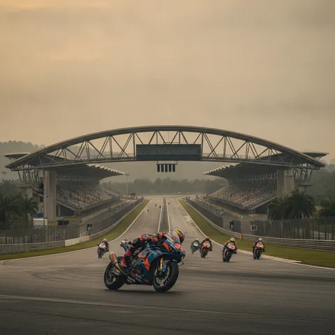 A wide view of the Sepang International Circuit showing the main grandstand that covers both the start-finish straight and the back straight.