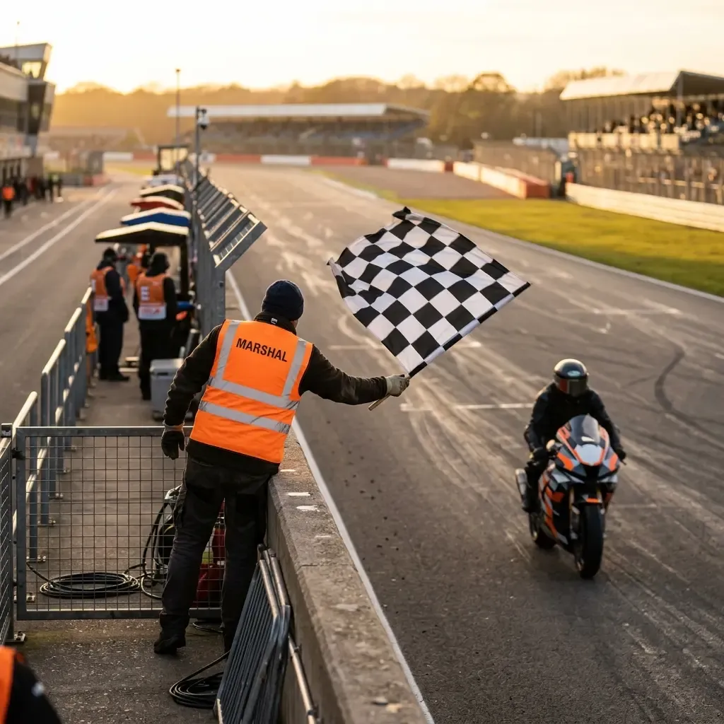 An evocative, late afternoon shot capturing a single, unbranded MotoGP bike exiting the final Woodcote corner at Silvers