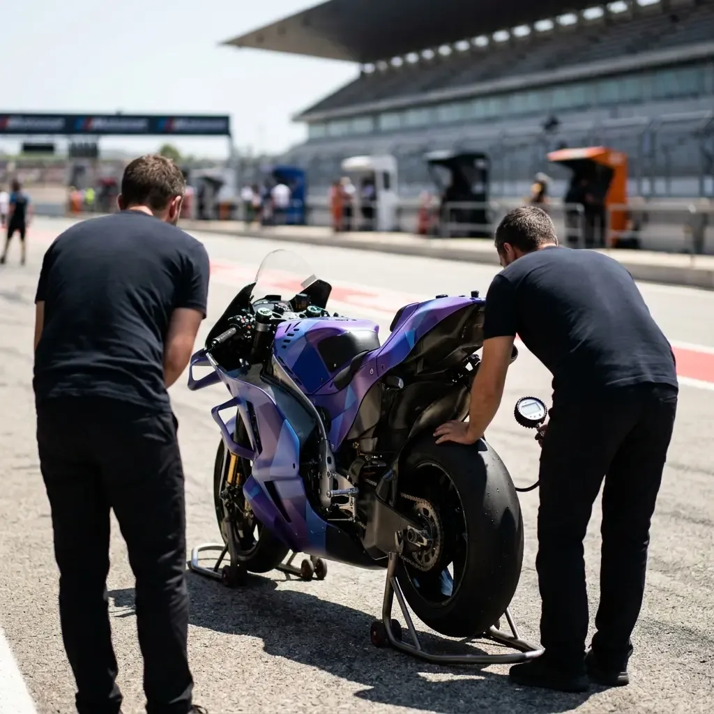 A wide, photorealistic hero shot of a full MotoGP starting grid moments before a race. The bikes are lined up, riders ar