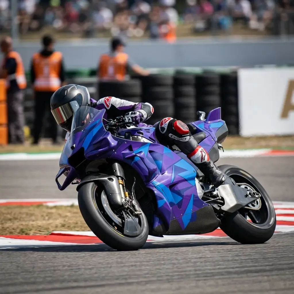 A tight, photorealistic close-up on a generic MotoGP bike's dashboard and the rider's gloved hands. One hand is on the t