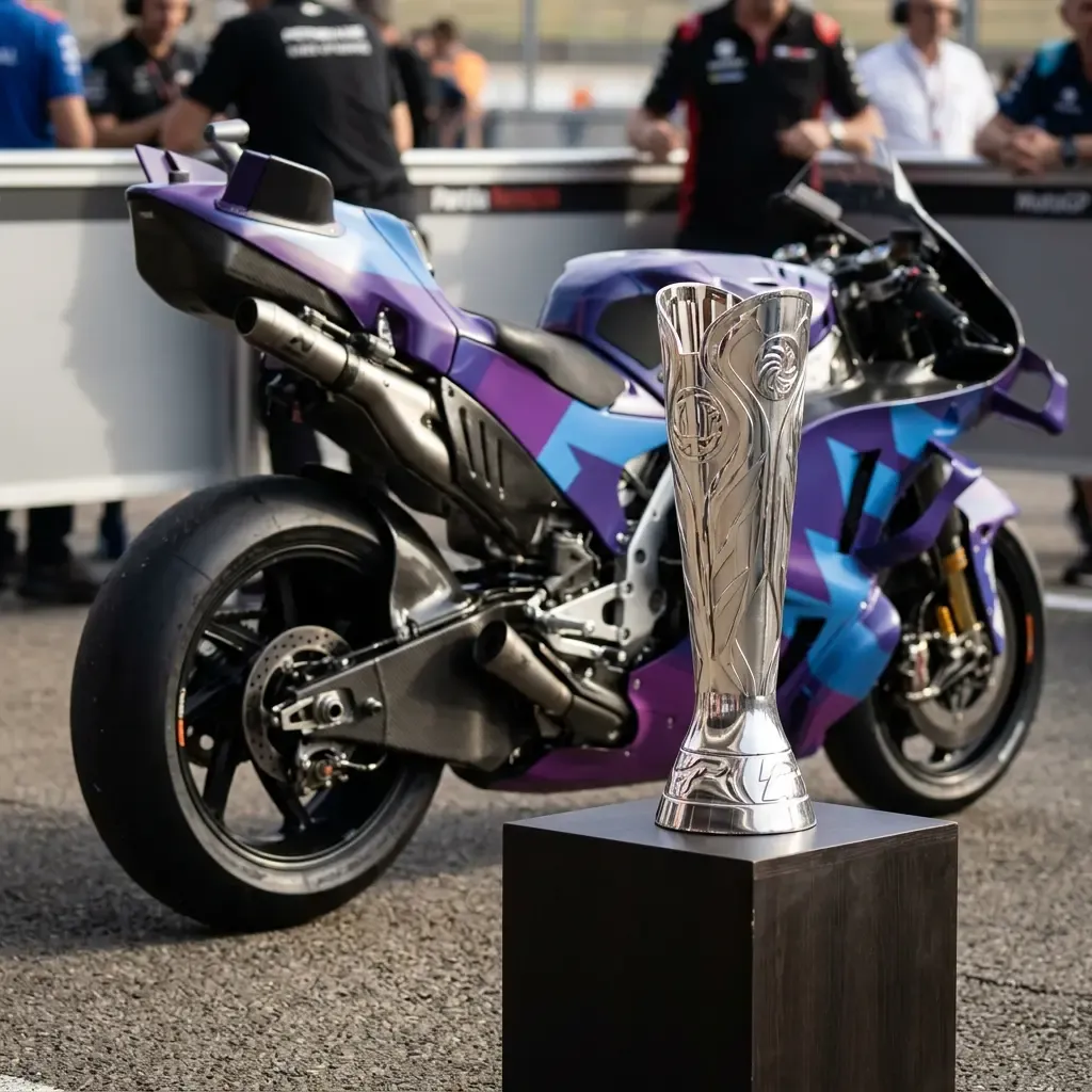 An atmospheric, photorealistic shot of a generic MotoGP rider crossing the finish line, one arm raised in celebration. C