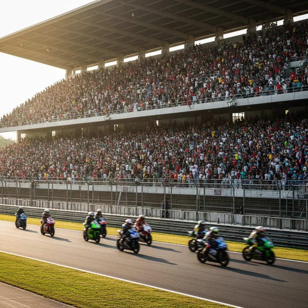 A wide, atmospheric shot capturing the scale of the Chang International Circuit's main grandstand. It's packed with tens