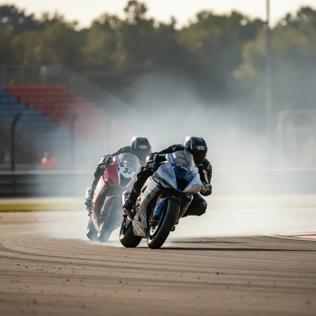 A telephoto action shot capturing a slipstream battle on the long straight leading to Turn 3. One generic race bike is t