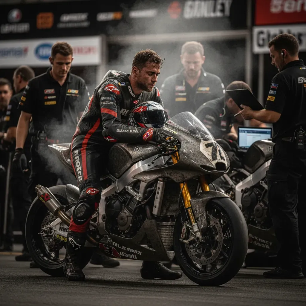 An evocative, moody shot in parc fermé after the race. A rider in plain leathers sits on his bike, helmet off, sweat dri