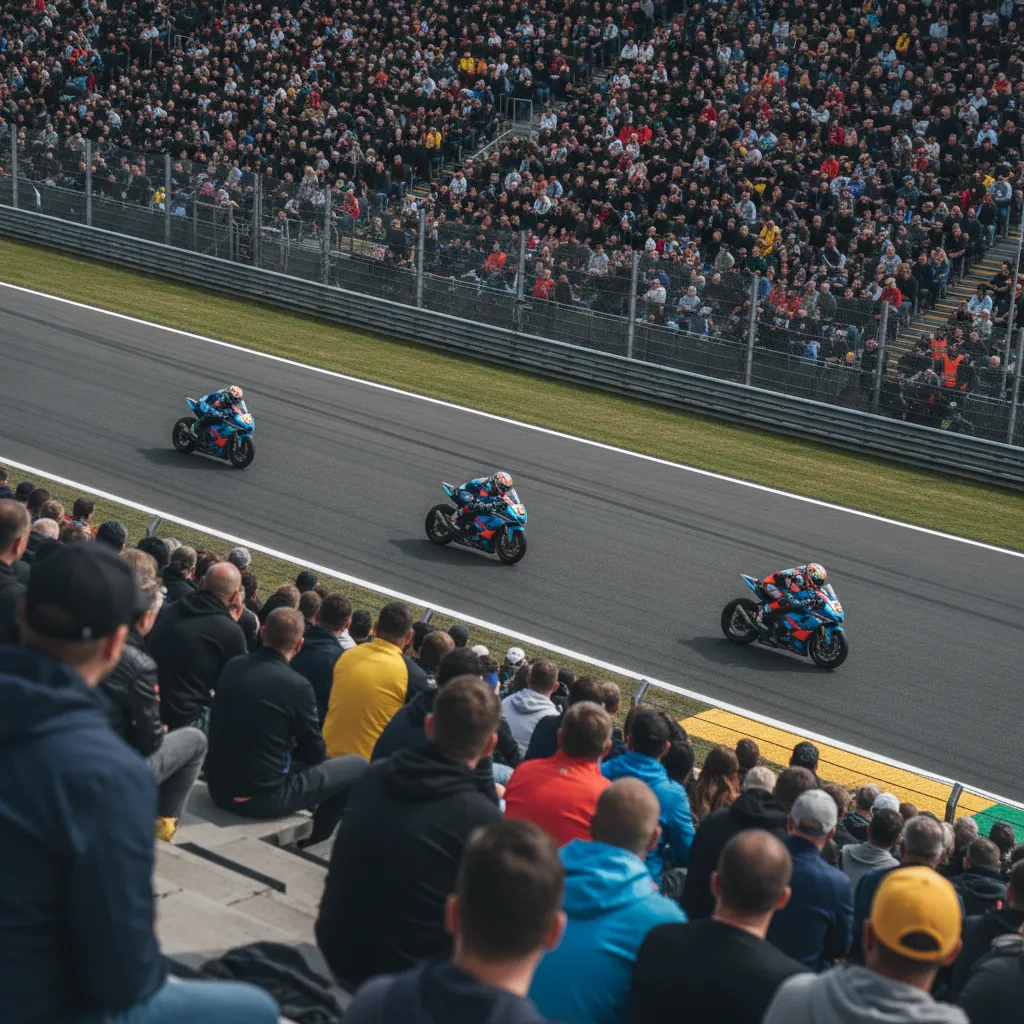A large crowd of spectators in a grandstand watches the MotoGP action at the British Grand Prix.
