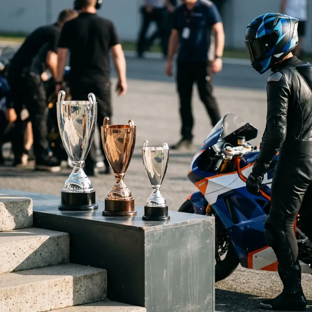 The three gleaming trophies for first, second, and third place arranged on the steps of the MotoGP podium.