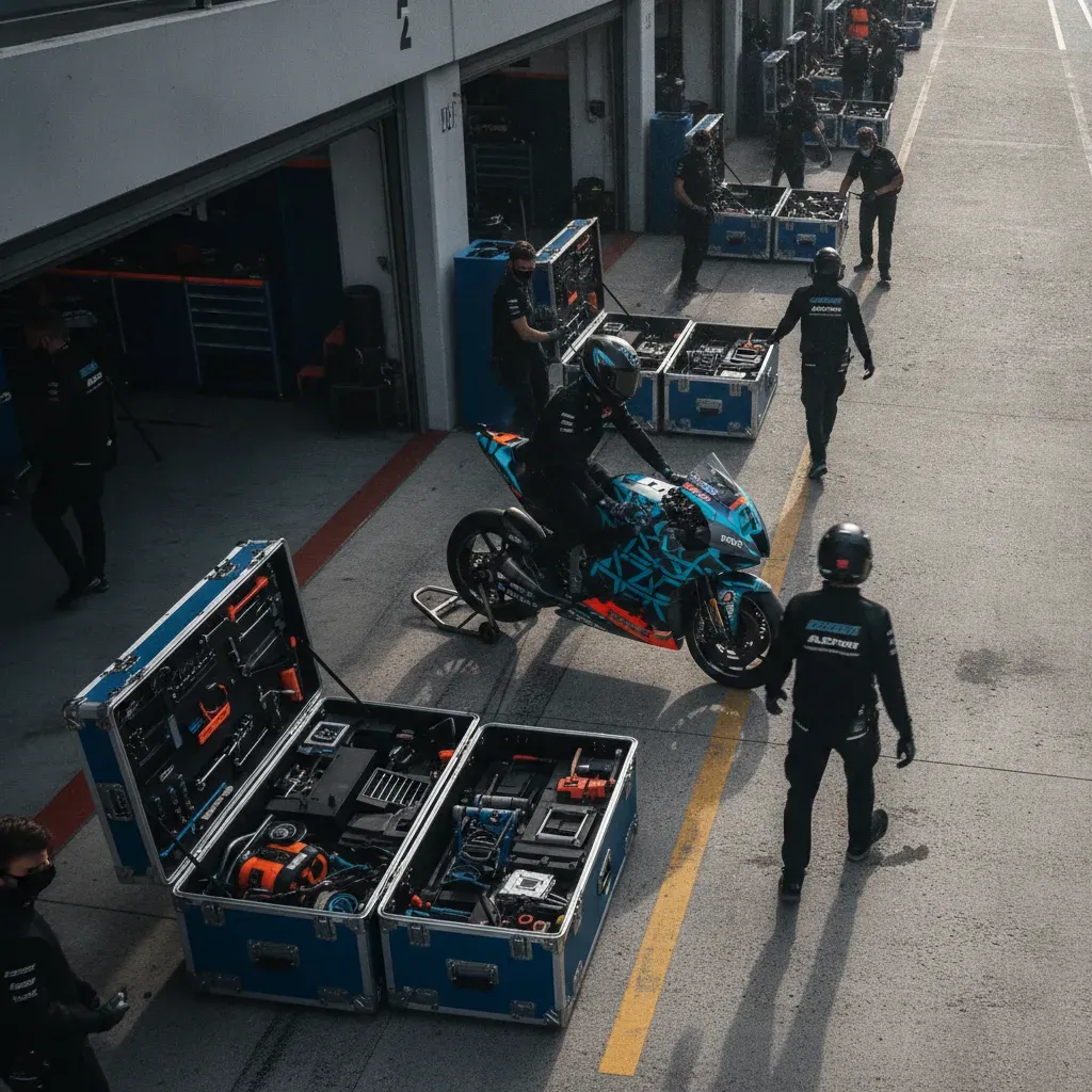 Large team flight cases are unpacked and organised in the MotoGP pit lane as a team sets up its garage.