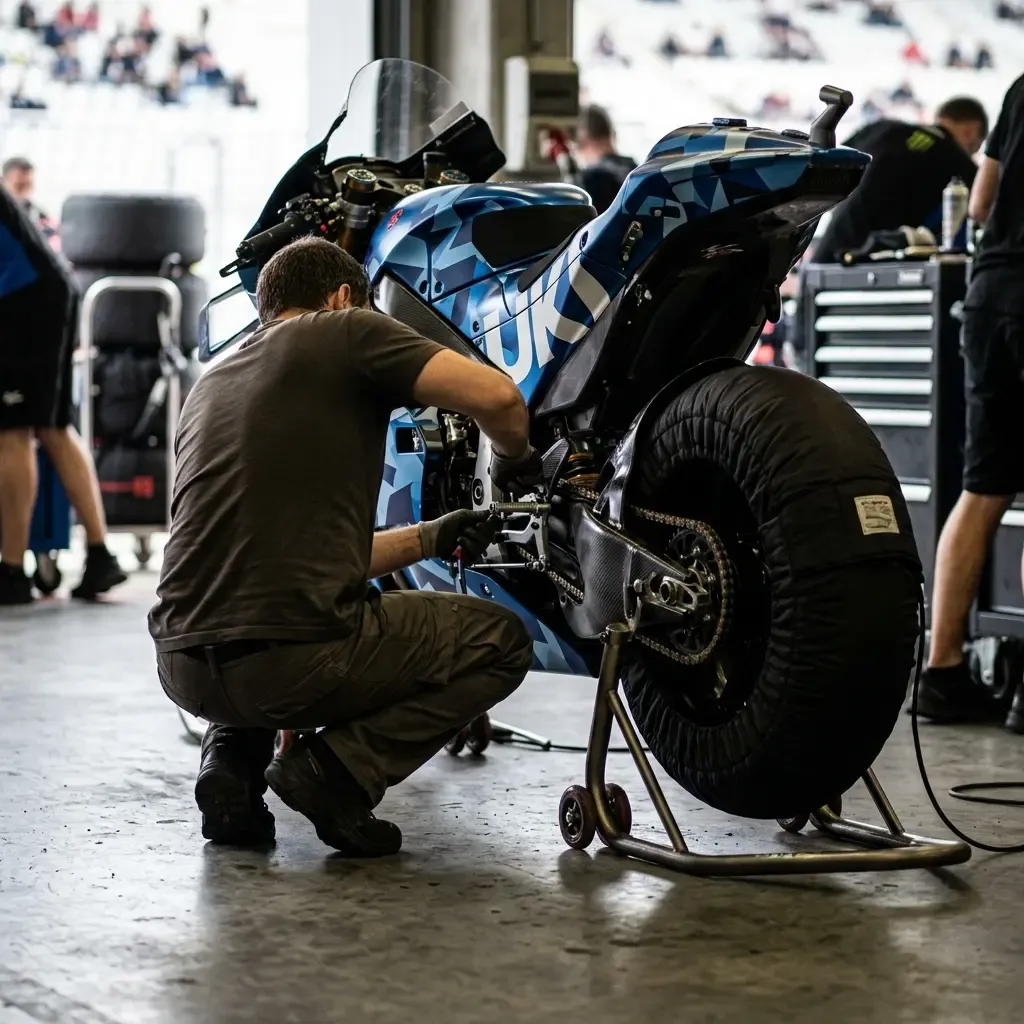 Inside a busy MotoGP garage, a crew chief analyses data while mechanics work on the race bike.