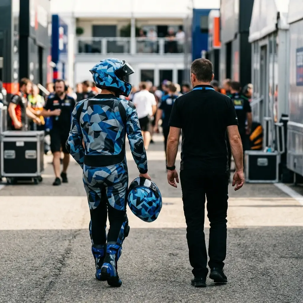 A MotoGP rider and his crew chief share a relaxed moment together in the paddock, highlighting their strong personal bond.
