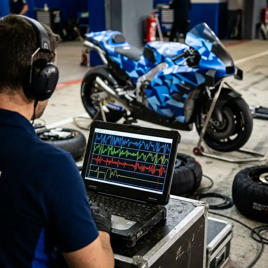 A close-up of a computer screen in the MotoGP pits displaying complex bike telemetry data being analysed by the team.