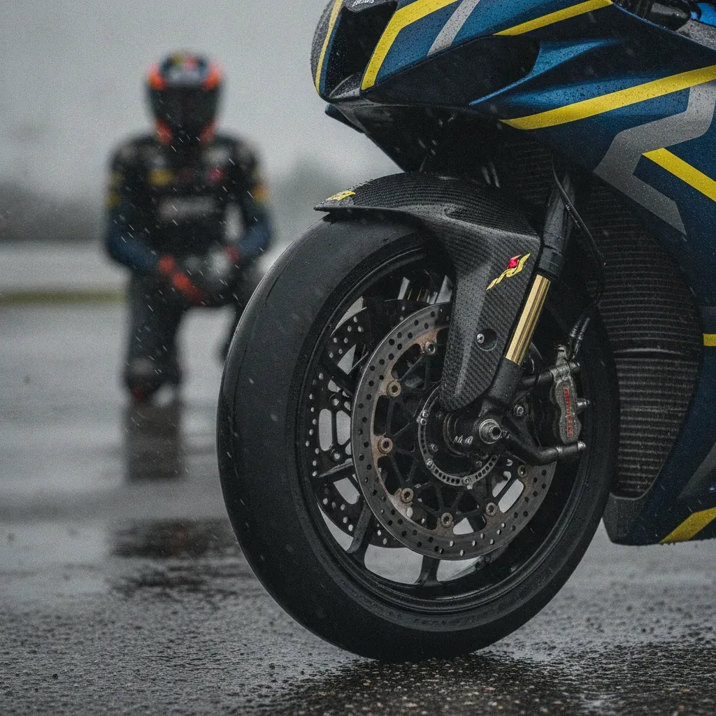 A detailed close-up of a MotoGP wet-weather tyre, covered in raindrops, highlighting the challenging conditions at Silverstone.