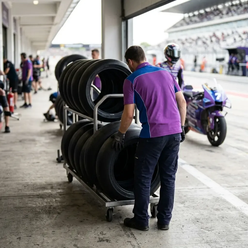 Illustration for our rider injury story: a team mechanic inspecting wheels in the pit lane.