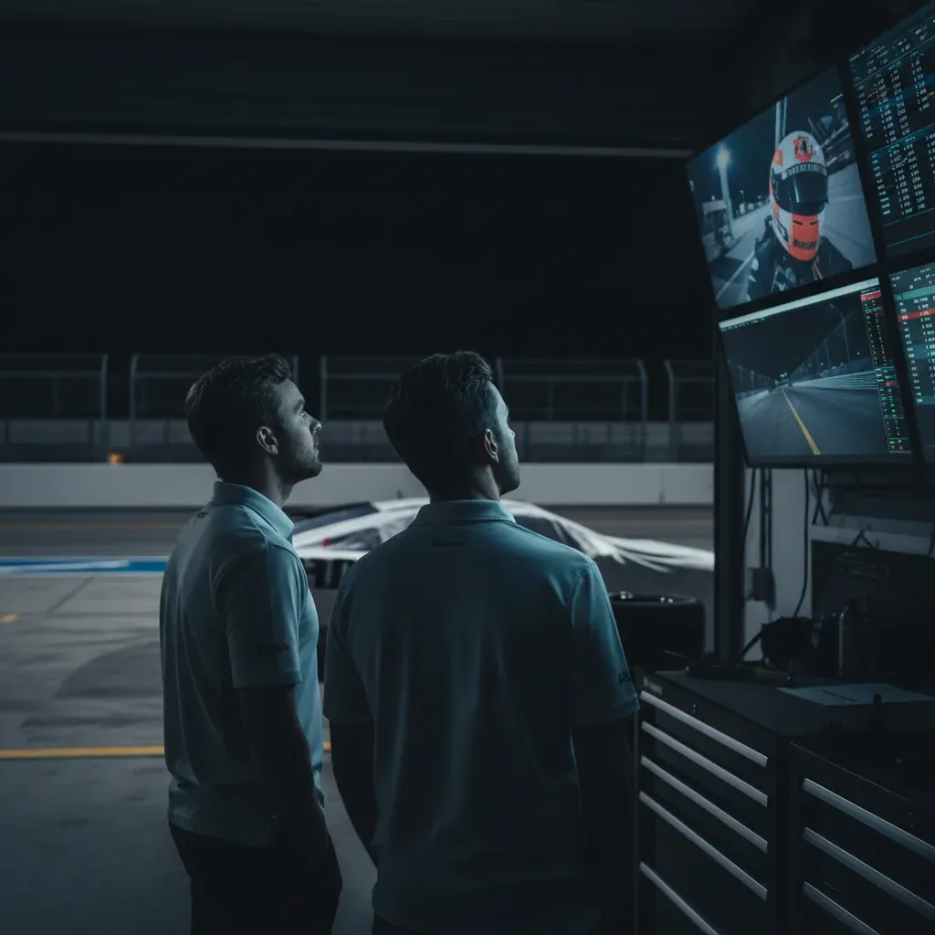 A quiet, reflective, behind-the-scenes moment in the Trackhouse garage after the track has gone silent. Two team members