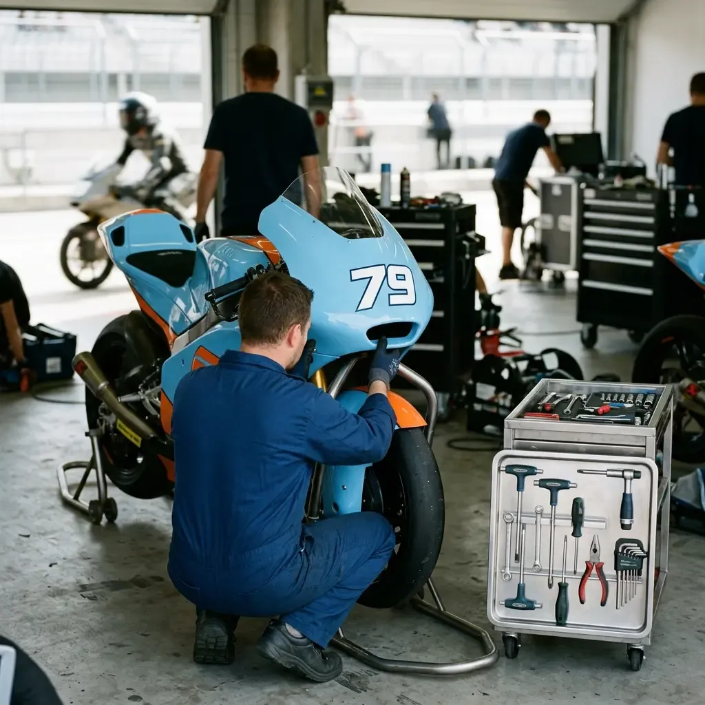 Illustration for our Trackhouse Racing livery story: mechanics working on a motorcycle fairing in a garage.
