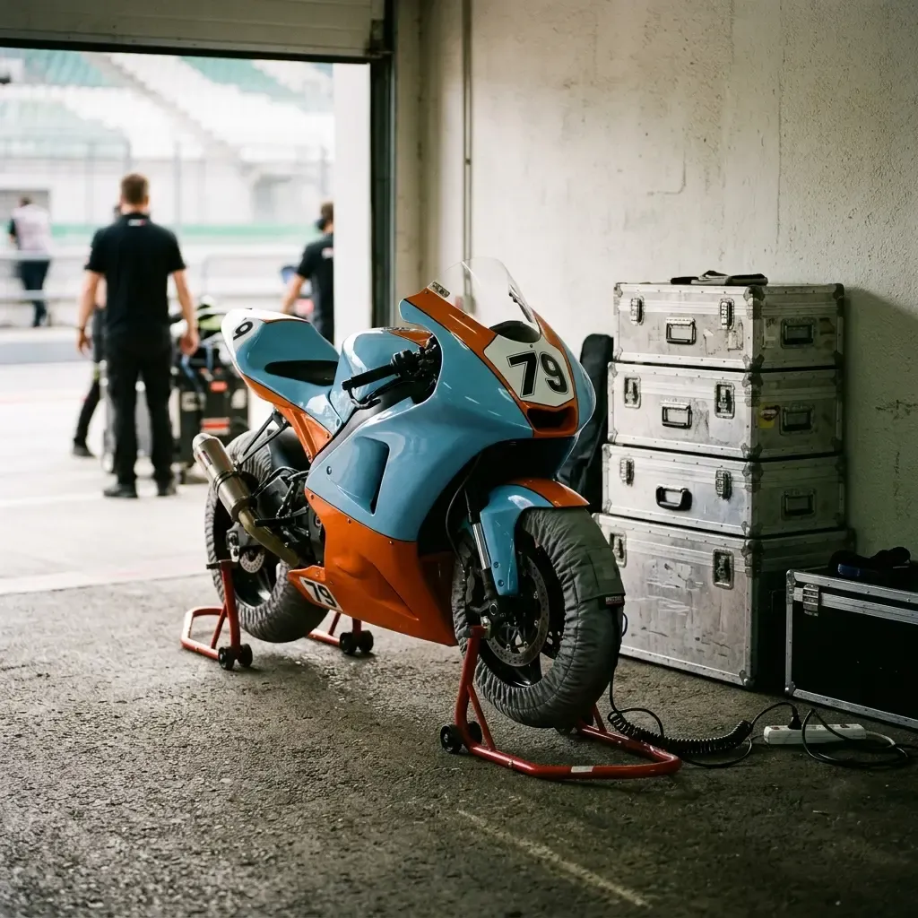 Illustration for our Trackhouse Racing livery story: two team bikes on paddock stands inside a pit box.