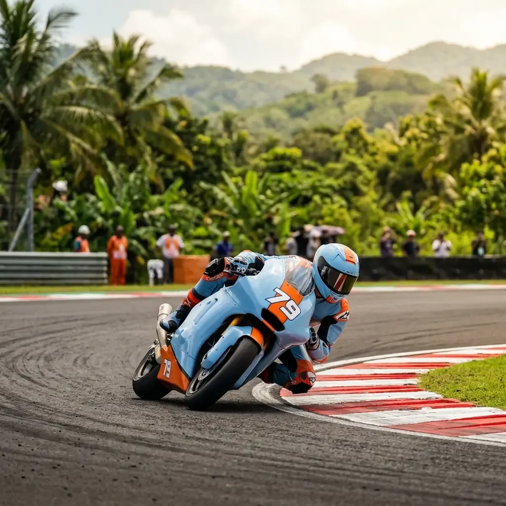 Illustration for our Trackhouse Racing livery story: a motorcycle racer carving through a sweeping corner.