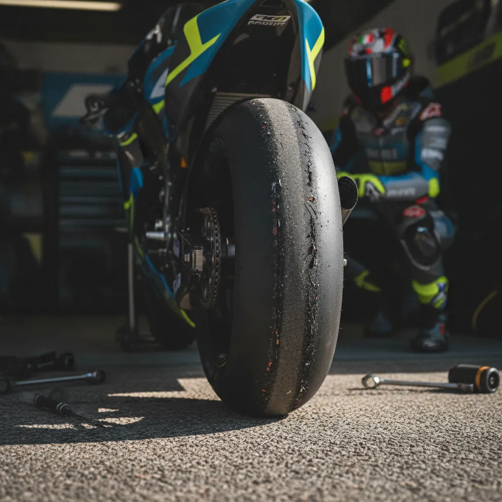 A detailed close-up of a worn rear MotoGP tyre, showing the texture and degradation from high-performance racing.