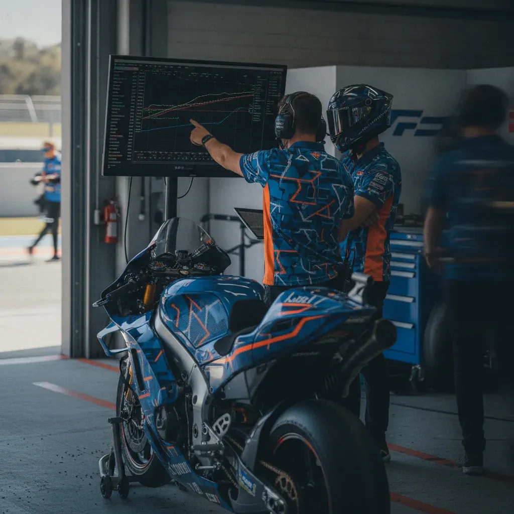 A MotoGP crew chief and engineers studying performance data on a screen inside their pit garage.