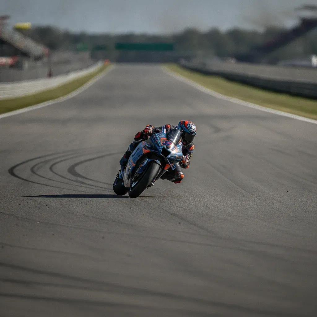A lone MotoGP rider accelerates out of a corner, leaving a dark tyre mark on the race track behind him.