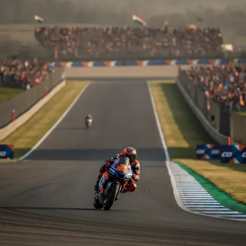 A panoramic view of a packed MotoGP circuit, highlighting a long, fast main straight under sunny skies.