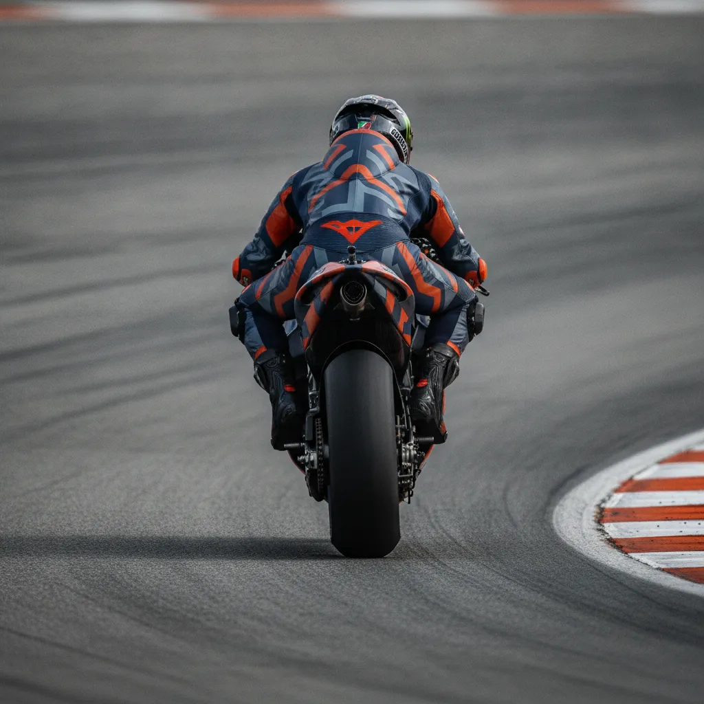 The rear view of a MotoGP bike braking heavily before entering a very tight hairpin bend on a race circuit.
