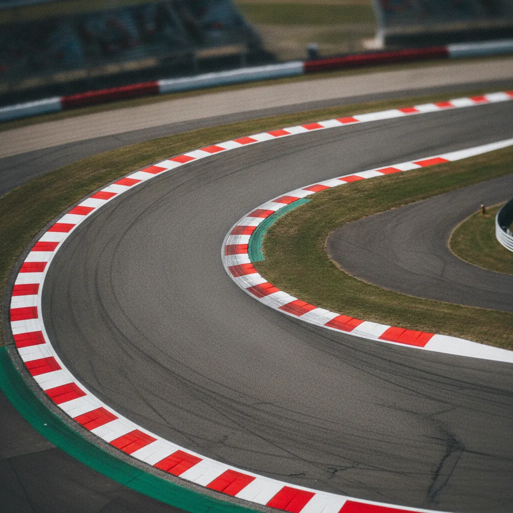 An aerial view of an empty race track's chicane, showing the sharp left-then-right sequence of corners marked with bold kerbs.