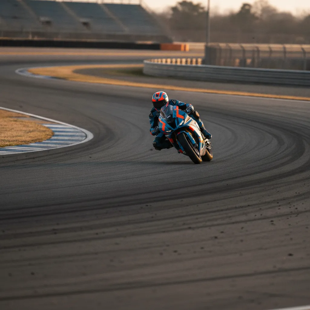 A close-up view of a race track corner showing the dark rubber marks left by tyres that trace the optimal racing line.