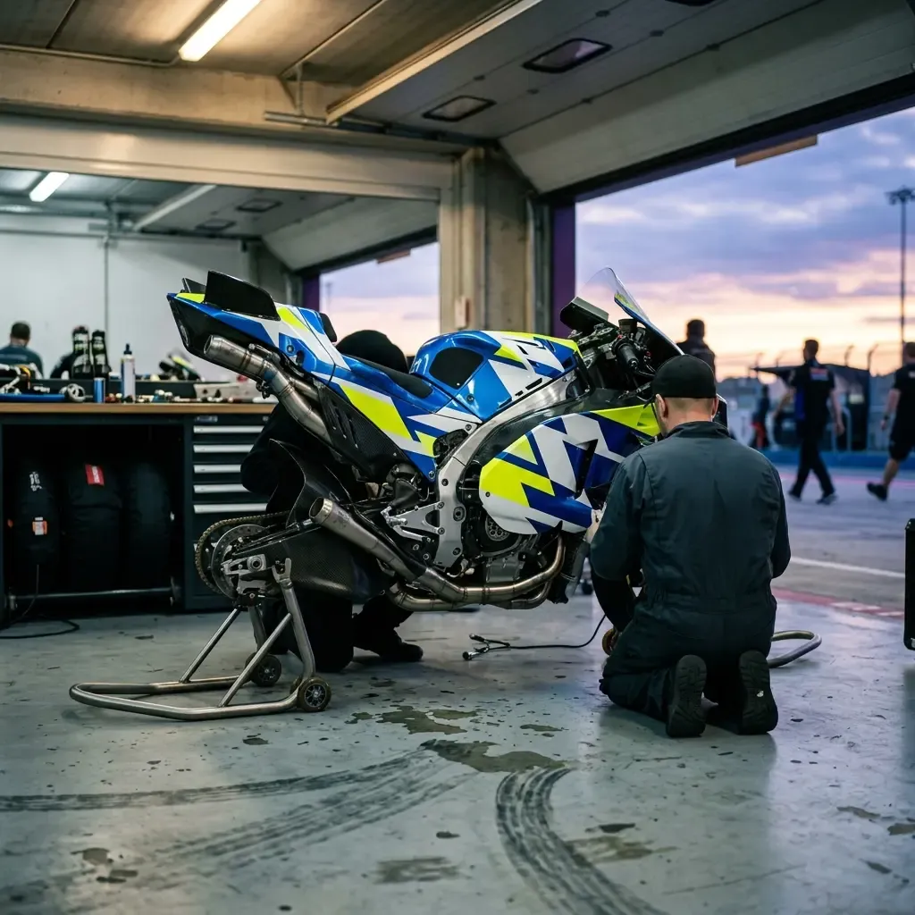 A MotoGP rider completes a steady lap on an empty track during the Sunday morning warm-up session.