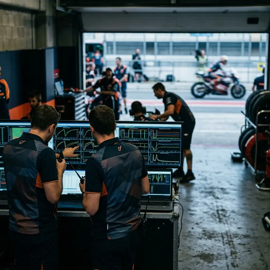 A computer monitor in a pit garage displays complex telemetry graphs showing a MotoGP bike's performance.