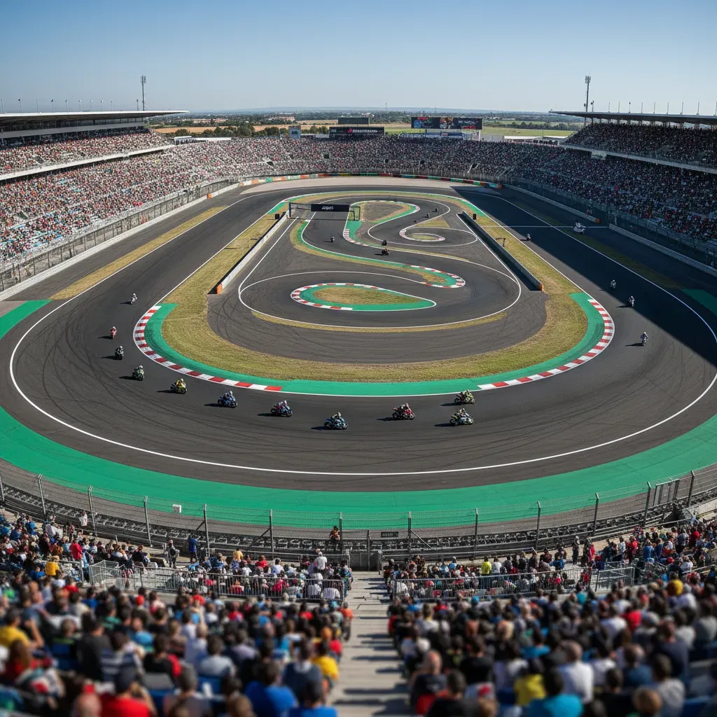 A sweeping, high-angle panoramic photograph of the Circuit Ricardo Tormo in Valencia. The unique bowl-like stadium archi
